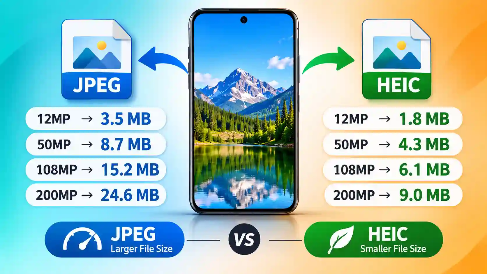JPEG vs HEIC photo file size comparison on a smartphone, showing how HEIC images use less storage space than JPEG images at 12MP, 50MP, 108MP, and 200MP resolutions.